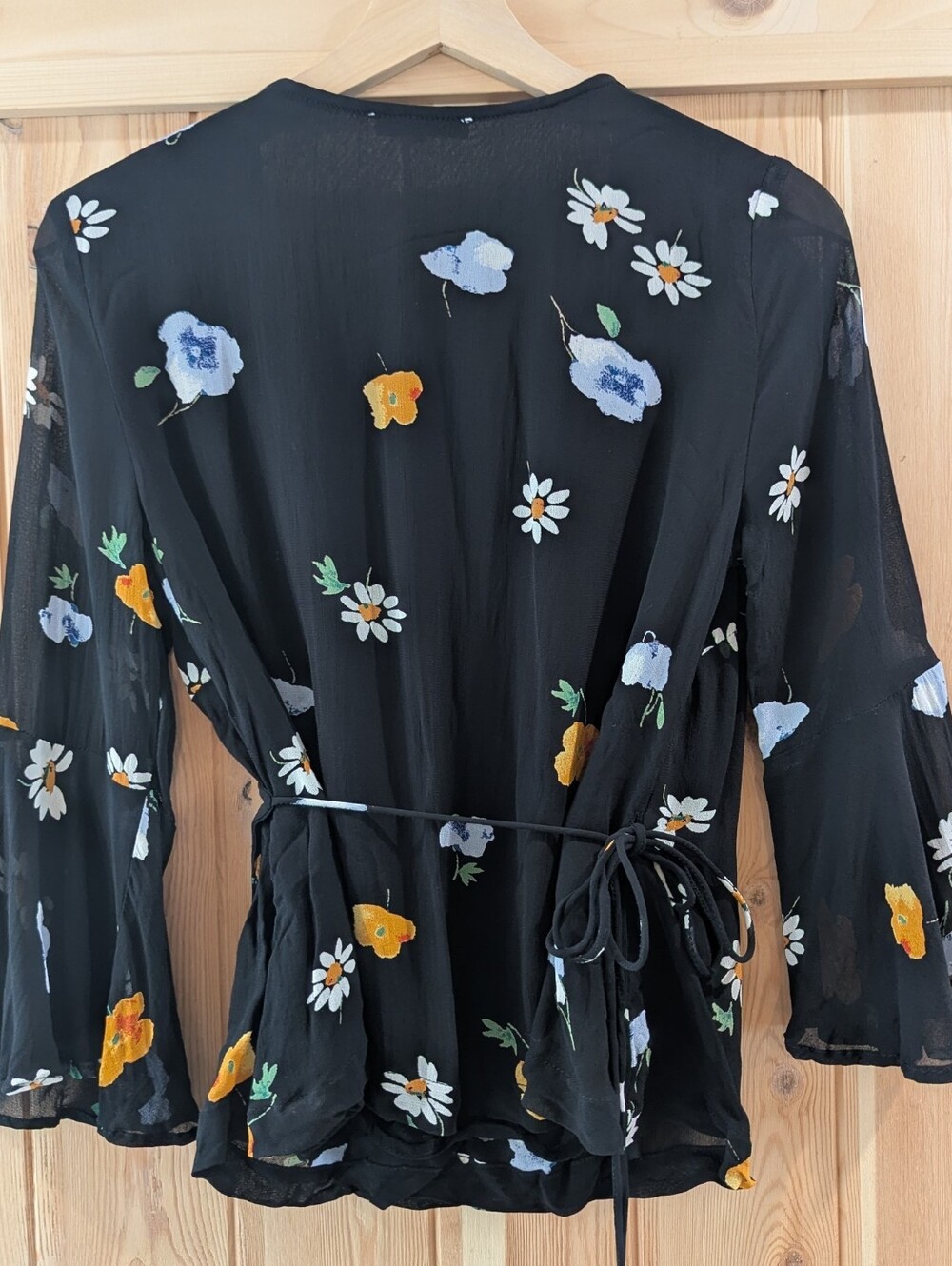 Ganni Black Floral Wrap Blouse with Bell Sleeves - Picture 4 of 7